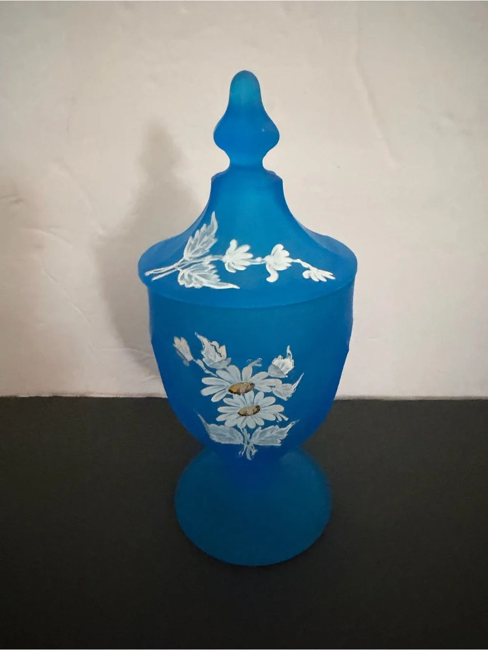 Blue Frosted Glass Apothecary Jar Lidded Hand-Painted White Daisies WESTMORELAND